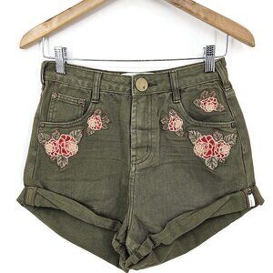 New One Teaspoon Bandits Shorts Womens 25 Olive High Waist Floral Denim